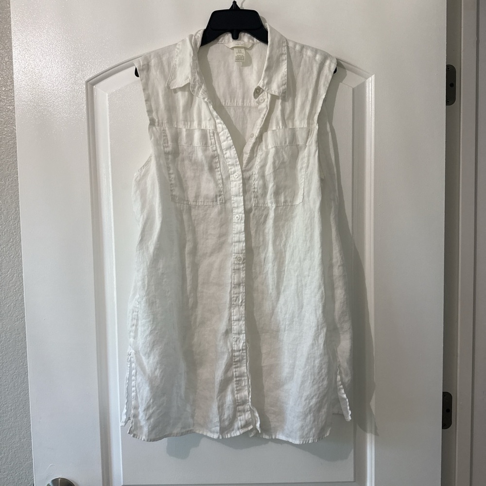 Sleeveless White Button-Front Linen Blend Tunic Top